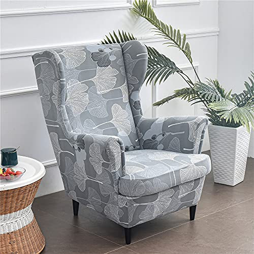Highdi 2 Teilig Ohrensessel Überzug, Sessel-Überwürfe Ohrensessel Schonbezüge Bezug Sesselhusse Elastisch Stretch Tiger Stuhlbezug mit Armlehne Hohe Rückenlehne Universal (Ginkgo biloba)