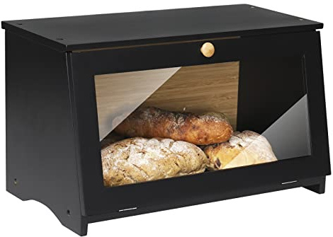 HOMEKOKO Wood Bread Box for Kitchen Counter, Single Layer Bamboo Large Capacity Food Storage Bin (BLACK)