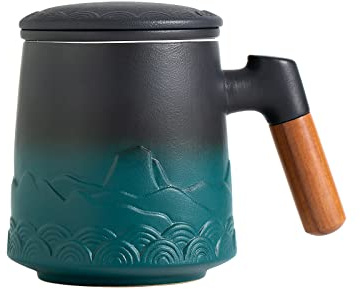 ZENS Tea Cup with Infuser and Lid for Loose Leaf Steeping, 16.9oz Embossed Ceramic Tea Infuser Mug, Wood Handle Tea Diffuser, Great Gift