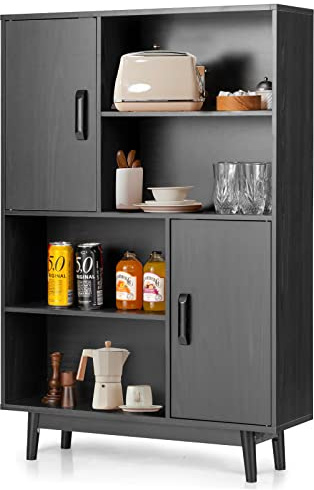GOPLUS Bücherschrank aus Holz, Beistellschrank mit 2 Türen & Kippschutz & Magnetverschluss, Schrank für Arbeitszimmer Wohnzimmer Schlafzimmer Büro (Schwarz)