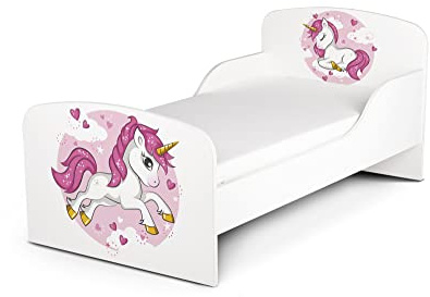 Leomark Funktionsbett aus Holz - Lovely Unicorn - Kinderbett mit Matratze, Seitenschutz Lattenrost, Liegefläche 70/140 cm, UV-Druck