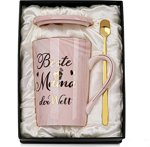 Muttertagsgeschenk Geschenke für Mama Geschenk, Beste Mama der Welt Tasse | Lustig Geburtstag Muttertag, 400ml Rosa Marmor Mutter Becher mit Goldaufdruck, Deckel Löffel Grußkarte, Edle Geschenkbox