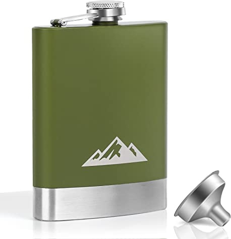 KWANITHINK Stainless Steel Hip Flask, 8oz, Matte Green, Leak Proof with Funnel, Outdoor, Climbing, Exploration, Father's Day Gift