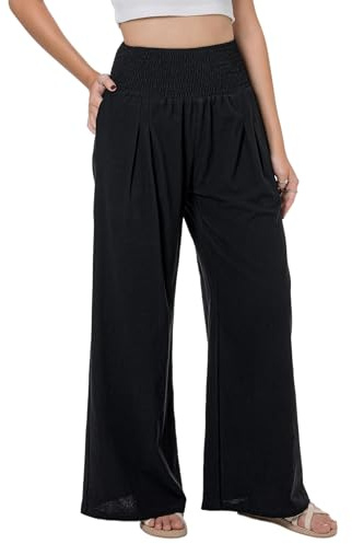 Lofbaz Mujer Pantalones de Pierna Ancha Palazzo de Algodón Lino Fluido Verano Cintura Alta Playa Boho de Salón con Bolsillos Negro M
