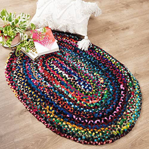 RAJRANG Hand Braided Oval Rag Rug 2'x 3' Multi-Blue Boho Reversible Rustic Farmhouse Cotton Chindi Carpet Geometric