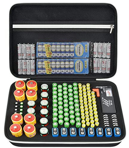 Batteriebox Aufbewahrung Batterien Tasche Case Variety Pack Organizer Batteriekasten mit Tester hält 140+ AA, AAA, C, D, 9V, cr1632, cr2016,Lithium 3V Knopfbatterien Caddy Container (Schwarz)