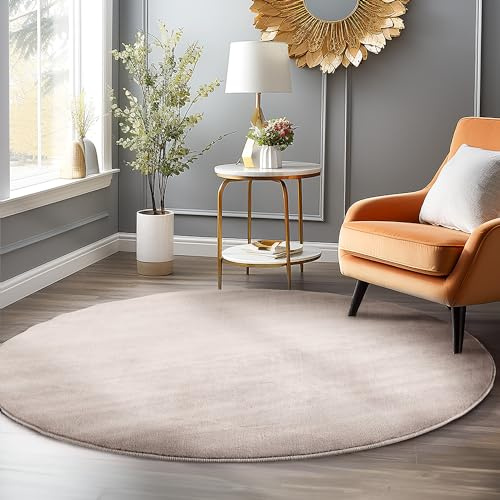 HomebyHome Waschbarer Teppich Rund 160 cm Beige Einfarbig Kurzflor Modern Weich rutschfest Pflegeleicht Maschinenwaschbar für Wohnzimmer Schlafzimmer Esszimmer