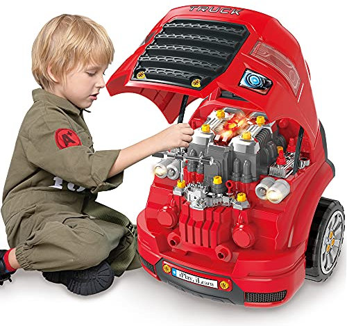 NaXew Large Truck Engine Toy, Big Truck Builder Kit for Toddlers, Kids Mechanic Repair Set, Removable Engine Workshop with Light and Sound, Gift for 4 5 6 7 8 Boys