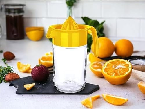 4All Manual Lemon Squeezer Non Electric Hand Press Reusable Fruit Juice Extractor BPA free Lemon Lime Orange Juicer Jug Glass Jar Base Handheld Citrus Press 660ml (Yellow)