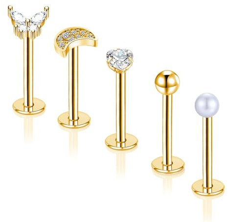 Gojewen 5stk Lippenpiercing Labret Stecker 10mm Chirurgenstahl Piercing Helix Lippe Monroe Medusa Studs 16G Gold Schmetterling