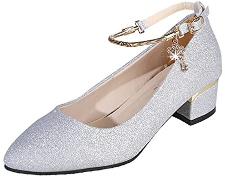 Riemchenpumps Damen Glitzer mit Blockabsatz Brautschuhe Glitzerschuhe Elegant Absatz High Heels Hohe Schuhe Vorne Geschlossen Bequem Damenschuhe Tanzschuhe Schwarz Stöckelschuhe