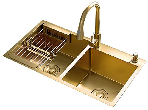 Küche, goldenes Edelstahl-Doppelwaschbecken, Gemüsespüle, Küchen-Doppelspüle mit Mischbatterie, großes Haushaltsspülbecken, Spülbecken, Spülbecken (Farbe: Gold, Größe: 82 x 45 x 21 cm) (Gold 82 x 45