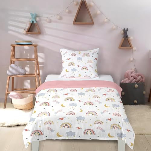 Yasida Housse de Couette 140x200 Enfant Fille Rose Arc-en-Ciel avec Taie d'oreiller 65x65cm Parure de Lit 1 Personne en Microfibre Multicolore 3D Motif Imprimé Etoile Lune Cadeau Garçon Fête