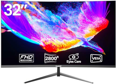 Gawfolk PC Monitor 32 Zoll 75Hz, PC Bildschirm Curved Full HD 1080P, Rahmenloses 2800R Computerbildschirm mit Eye Care Technologie, HDMI VGA, unterstützt VESA