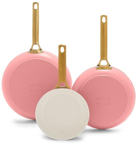 GreenPan Juego de sartenes 8, 10 y 12 pulgadas, cerámica saludable antiadherente, sin PFAS, aluminio anodizado, asas doradas, aptas para lavavajillas