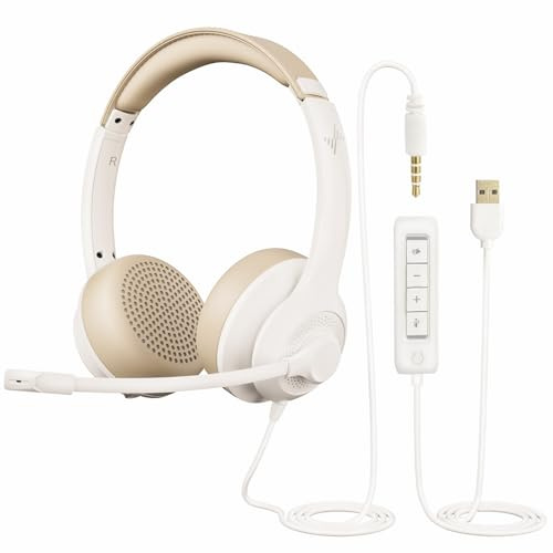 EAGLEND Casque USB avec micro pour PC, casque supra-auriculaire pour ordinateur portable avec microphone antibruit, contrôle en ligne pour la maison, le bureau, les cours en ligne, Skype Zoom, blanc