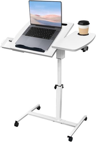 DOKKOME Beistelltisch Höhenverstellbar Laptoptisch mit Rollen Seitentisch Drehbarer Computertisch Faltbar Mobil Stehpult Schreibtisch Klein Überbett-Tisch für Bett Sofa Büro Office Weiß