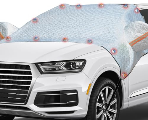 Car Windshield Snow Cover, Waterproof Car Windshield Frost Cover with Side Mirrors Protector, Windproof Winter Cover for Ice and Snow with Magnetic Edge for Car, SUV, RV and Truck