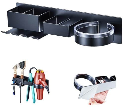YYBO Föhnhalter Wand Ohne Bohren, Fönhalter Wandhalterung, Föhn Halterung für Föhn und Glätteisen Halterung, Fönhalterung mit Fächern & Kabel Aufbewahrung, Haartrocknerhalter für Bad (Schwarz)