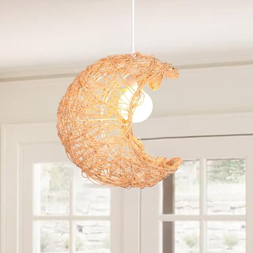 PETITES ECREVISSES Lustre Suspension en Rotin Lune étoiles Plafonnier Luminaire E27 Rétro Abat-jour Forme Lune Lampe Suspendue Ø32 cm Métal pour Enfants Chambre Cuisine Salon