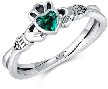 Waysles Claddagh Ring für Frauen S925 Sterlingsilber Claddagh Ring mit grünem Herz und Geburtsstein keltischer Knotenring irischer Schmuck Geschenke zum St Patrick's Day