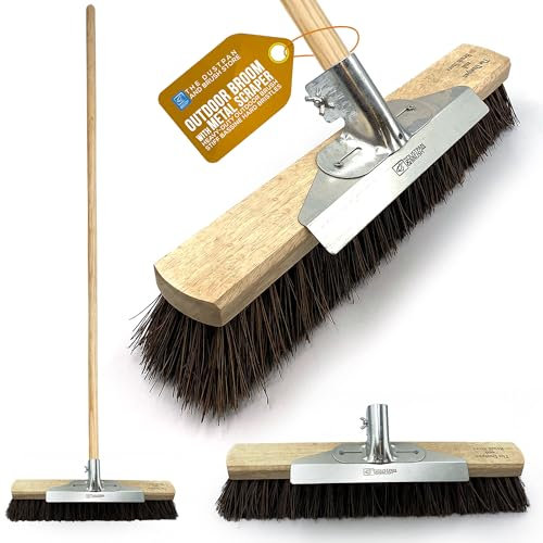 18” Garden Broom Outdoor with Built-In Metal Scraper Yard Brush Heavy Duty Outdoor with 120 cm Wooden Handle Stiff Bassine Hard Bristle Broom Sweeping Brush Long Handled Scrubbing