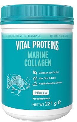 Vital Proteins Marine Collagen Peptides Powder Supplement (Type I, III) Hydrolysed Collagen, Hair, Skin, Nail Support Supplement, Gluten Free, 12g per Serving 221g Canister, 1Pack