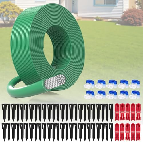 OFFCUP Picchetti, 50 Pezzi Ganci da Terra, Picchetti per Tosaerba,50 m Cavo Perimetrale per Fissaggio Sicuro del Filo di Limitazione