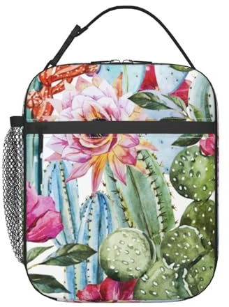 ERCgad Sac fourre-tout portable avec imprimé cactus et roses succulentes pour boissons, école, déjeuner, travail, voyage, pique-nique, pêche au quotidien