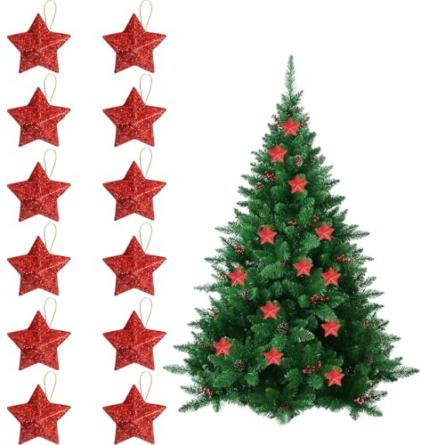 12 Stück Weihnachtsbaum Deko,Christbaumschmuck Rot Sterne,Weihnachtsbaumschmuck Klein Glitzer Roter Stern,Baumschmuck Weihnachten Weihnachtsstern Anhänger,für Weihnachtsdeko Aufhängen Bäume Star