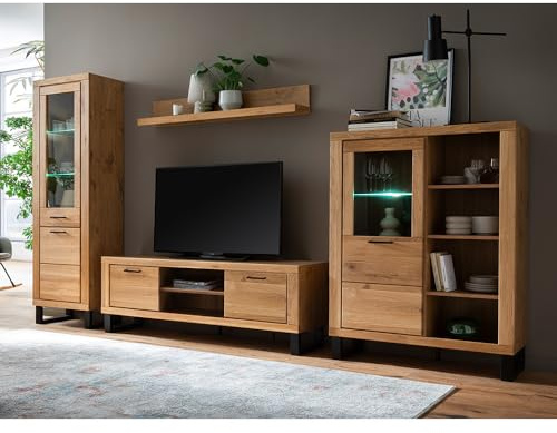 Lomadox Wohnwand Wohnmöbel in Eiche teilmassiv mit 169 cm Lowboard, Wandboard, Highboard, Vitrine & LED-Beleuchtung, 4-teilig, Echtholz/Massivholz-Fronten, geölt
