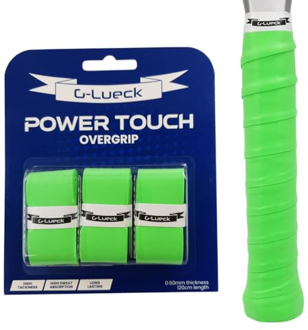 G-Lueck 3er Set Tennis Power Touch Overgrip (sehr griffig & langlebig) | 0,60mm Stärke | Griffband für Padel, Badminton, Squash Schläger inkl. selbstklebendes Abschlußband | Anti-Rutsch (Neon-Grün)
