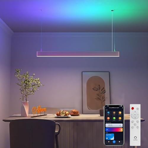 TRUYOK 120cm LED Pendelleucht RGB Dimmbare Linear Design Hängeleuchte mit Fernbedienung Moderne Esstischlampe Hängend Höhenverstellbar Innen Beleuchtung für Wohnzimmer, Arbeitszimmer, Esstisch