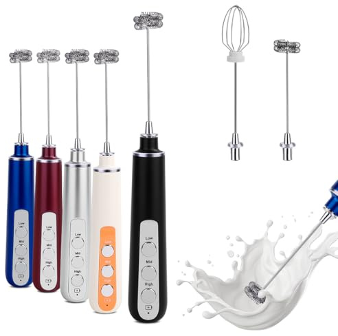 Espumador eléctrico de leche de café, espumador de leche de mano, recargable por USB, 1 cabezal de espuma de leche, 1 cabezal agitador, adecuado para matcha, café, latte, capuchino, chocolate caliente