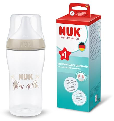 NUK Perfect Match Babyflaska | 0+ månader | 260 ml | Anti-kolikmatningsflaska | PP | Temperaturindikator | Apa | 1 styck