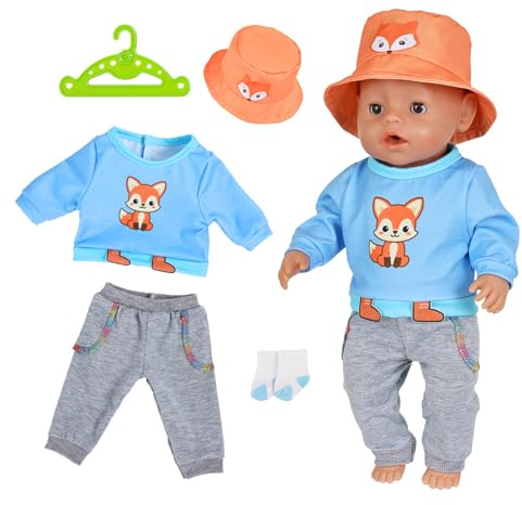 5 Stück Baby Puppen Puppenkleidung 35-43 cm, Kleidung Outfits für 14-18 Zoll Baby Puppen, 1 Kapuzenpullover mit Fuchs-Muster 1 Hose 1 Baskenmütze 1 Kleiderbügel Socken, Kleidung Geschenke für Kinder