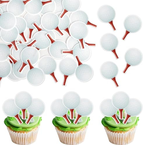 SYKYCTCY 48 Pack Edible Golf Cupcake Toppers Sports Golf Ball Cupcake Picks For Water Baby Shower Golf Outdoor Sports Players Theme Kids Birthday Party Cake Decorations Supplies
