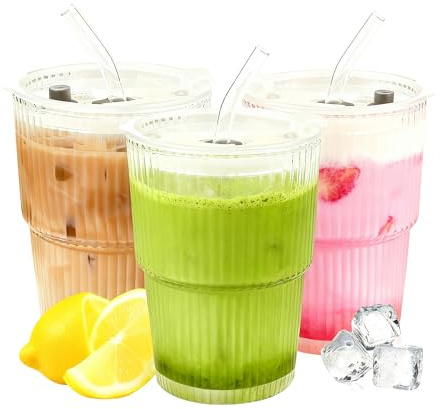YOOSI Lot de 3 Verre à Eau gobelets en verre de 400 ml avec couvercle et paille, design étanche pour Jus, Café Glacé, Smoothie, Cocktail