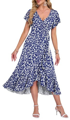 AUSELILY Sommerkleid Damen Wickelkleid Kurzarm V Ausschnitt Midikleider