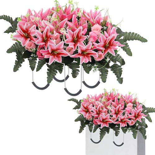 IDMOP Artificial Cemetery Flowers for Graves – Realistic Rose & Lily Flower Saddle, UV Resistant & No-Fade Memorial Flowers for Headstones, Christmas, Valentine’s Day, Memorial Day Decor ﻿ (Pink)