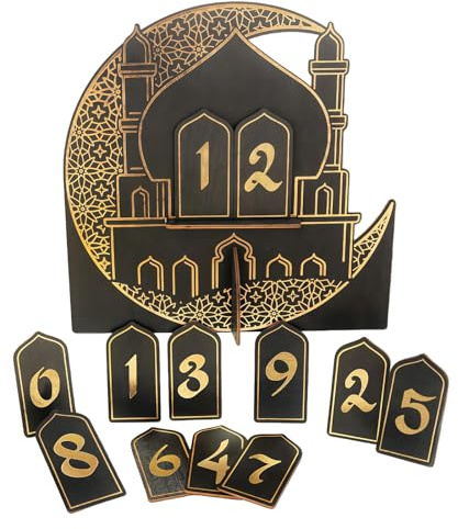Ramadankalender Schwarz Gold Moschee - Wiederverwendbarer Ramadan Countdown Aufsteller Holz - Dekorativer Ramadan Kalender Kinder Für Iftar Tisch & Suhoor - Festliche Deko