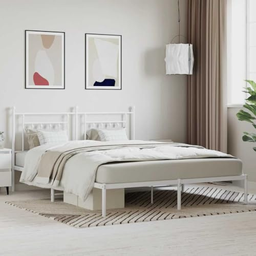 Kaloriko Bettgestell mit Kopfteil, Metall Weiß, 180x200 cm, Robustes Doppelbett für Schlafzimmer, pulverbeschichteter Stahl, stabiles Plattformbett, extra Stauraum