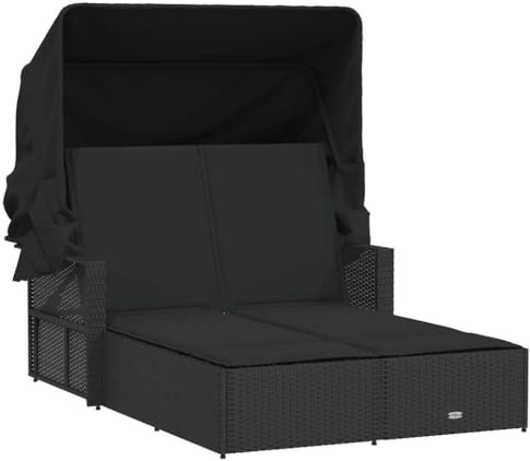 Nqyjm Lettino da giardino con schienale regolabile in 2 posizioni, doppio lettino da sole con tetto e cuscini, in polyrattan, nero, sedia a sdraio da spiaggia, per giardino, terrazza, balcone, LH1A