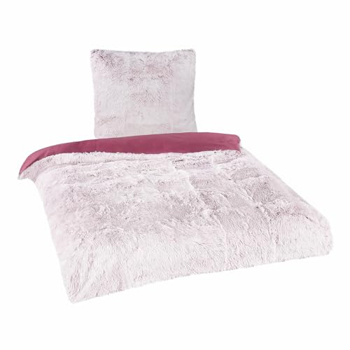 BaSaTex Winter Bettwäsche Set, 2-TLG., 135x200, Kunstfell Rot | Warm und Kuschelig, Öko_Tex Zertifiziert, Reißverschluss, Flauschig Anschmiegsam, Feuchtigkeitsregulierend