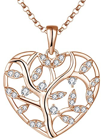 JO WISDOM Collana di Albero della vita Argento 925 Donna,Ciondolo con Catena Cuore Zirconia cubica 3A con baño de Oro Rosa