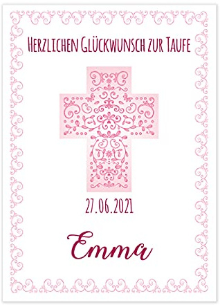 Herz & Heim® Klappkarte zur Taufe, Kommunion oder Konfirmation mit Kreuzmotiv in 3 Farben Rosa