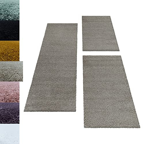 Carpettex Bettumrandung Schlafzimmer 3teilig Shaggy Teppich Hochflor Einfarbig Natur Bettset:2 mal 60x110 + 1 mal 100x200 - Bettvorleger Schlafzimmer Läufer Set Weich Flauschiger Bettumrandung Teppich