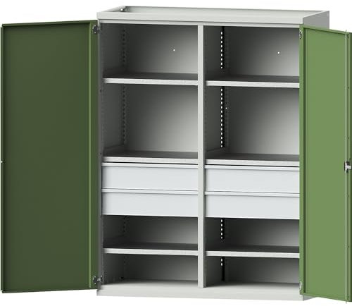 eurokraft | Schwerlastschrank Jumbo aus Stahlblech | 6 Fachböden | 4 Schubladen 180 mm hoch | lichtgrau/resedagrün