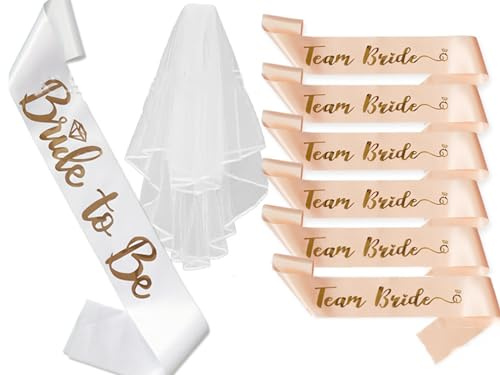 8 Stück Schärpe Schleier Set für Junggesellinnenabschied Frauen Accessoires Dekoration, Team Bride Deko Schärpe Set
