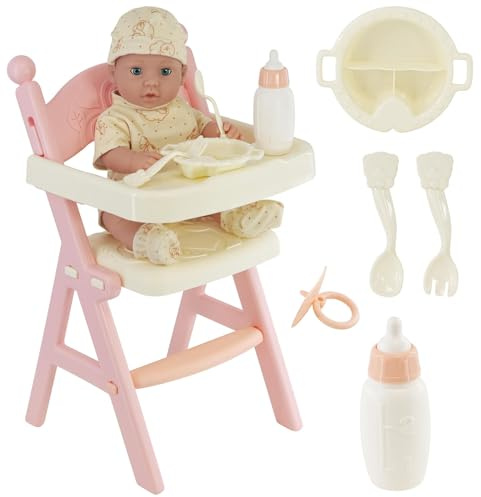 BiBi Doll 15 Baby Doll with High Chair & Feeding Set - Open/Close Eyes, Includes Milk Bottle, Plate, Cutlery & Dummy, Realistic Toy for Girls & Boys Aged 3+